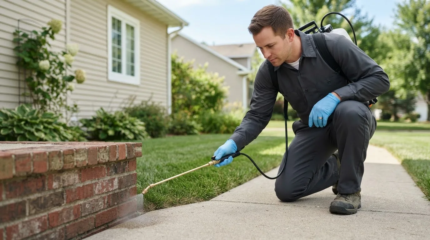 Pest control technician treating a home near Round Mountain, TX
