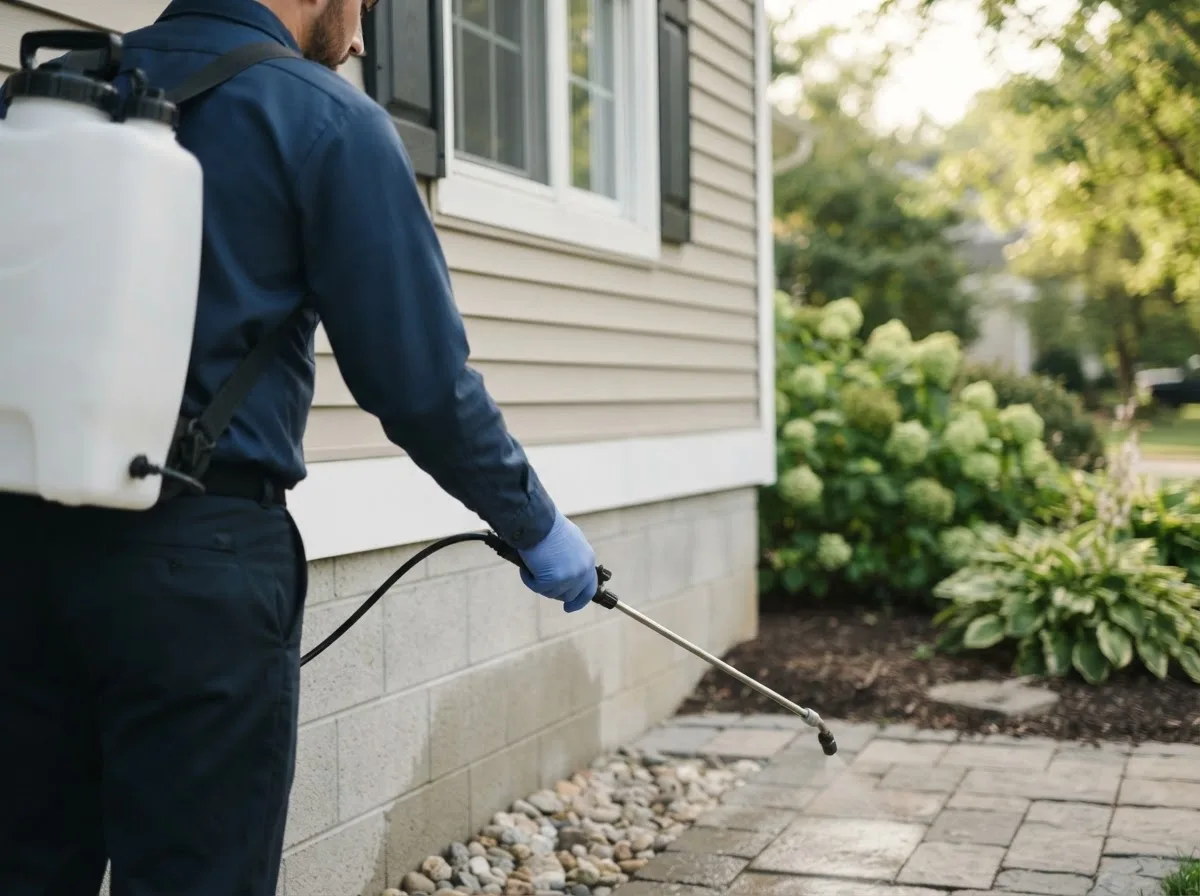 Pest control technician inspecting a home in Round Mountain, TX